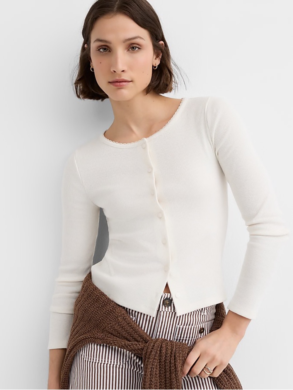 NWT LOFT Scalloped Ribbed Cardigan Sweater Whisper White L